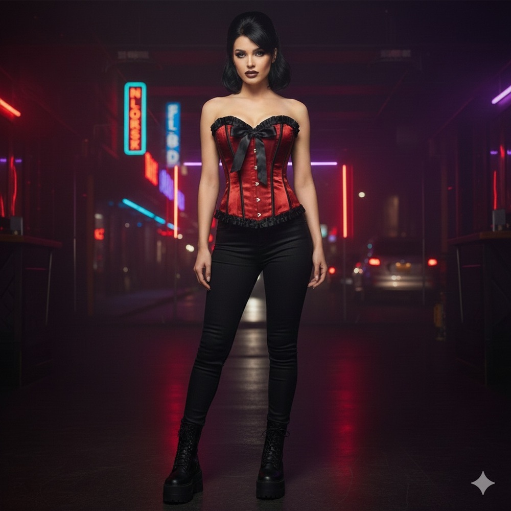 Gothic Red & Black Satin Ruffle Corset Top/ steampunk/croquette/valentine Medium